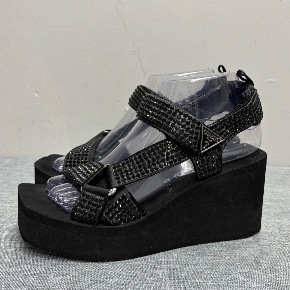 Guess Wedge Sandals Women Black Y2K Rare Rhinestone Platform Strappy Square Toe